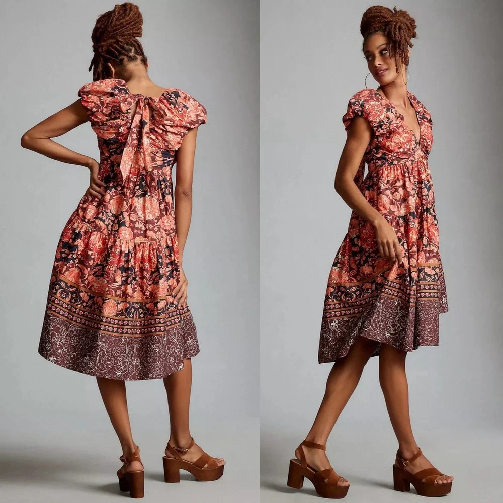 Anthropologie Printed V-Neck Babydoll Dress Size 4 Red Motif NEW‎